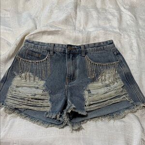 POL Distressed Denim Shorts with Chain Details